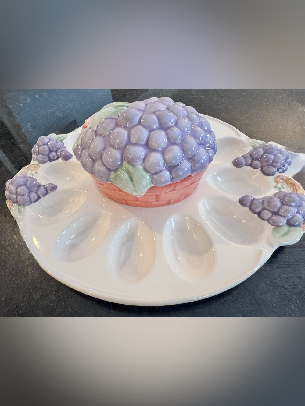 Pfaltzgraff Deviled Eggs platter with grape vines designed covered bowl